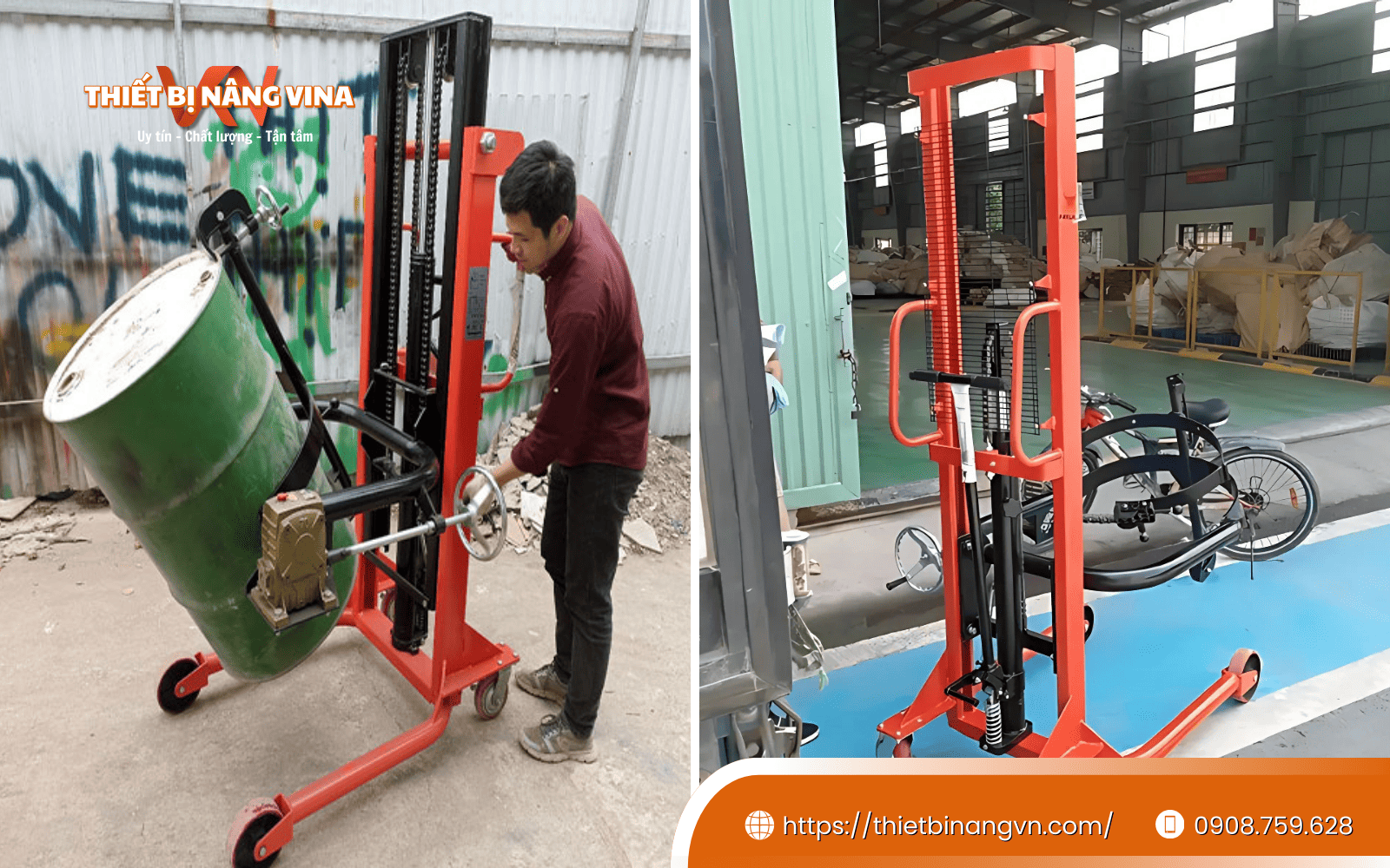 Xe nâng thùng phuy tay cao đáp ứng tốt yêu cầu an toàn và hiệu quả