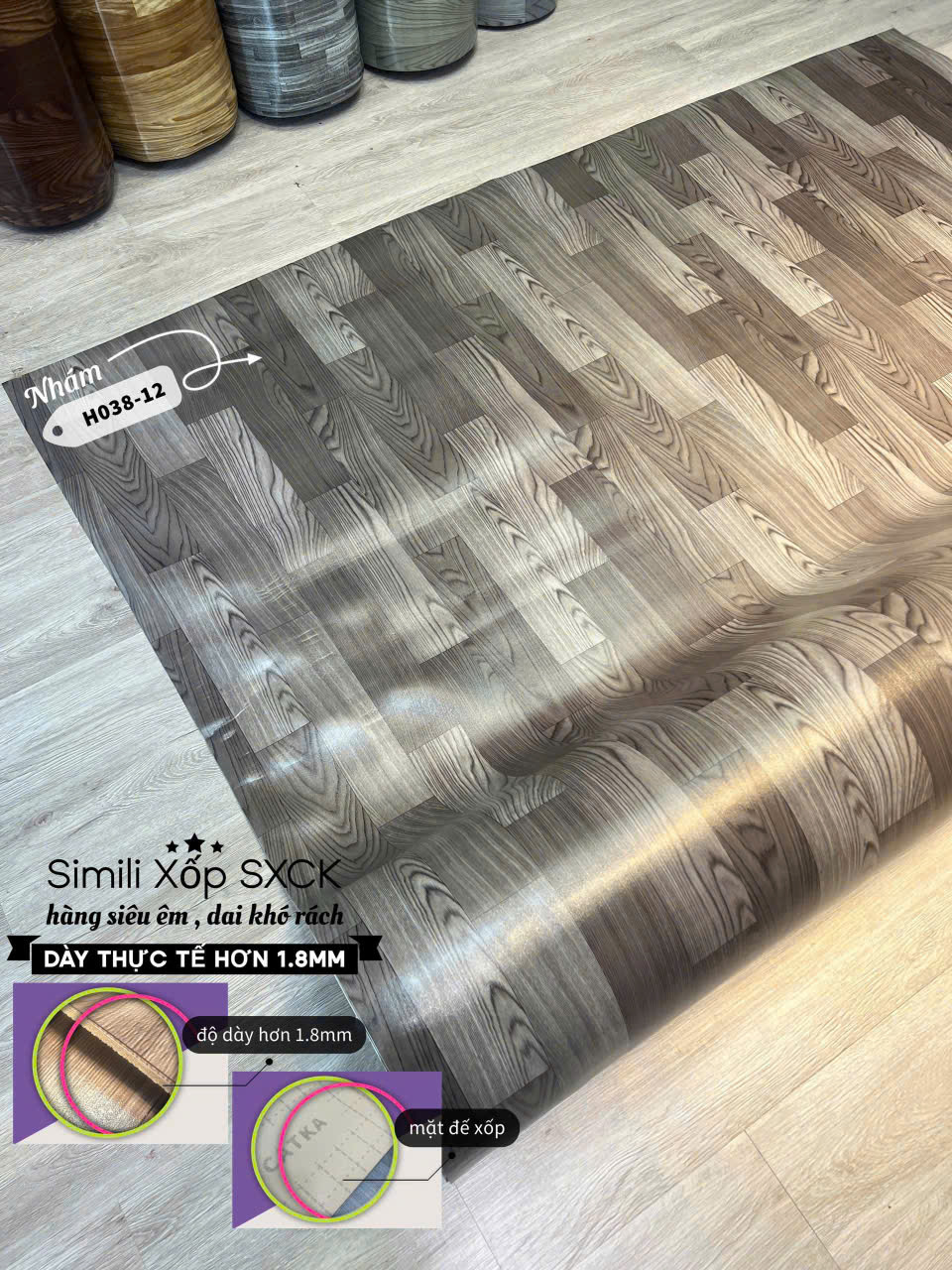 Tấm nhựa trải sàn simili xốp 1.8mm- HÀNG NHÁM