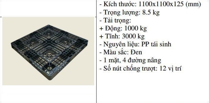 Pallet nhựa 1100x1100x125 màu đen một mặt 3000kg - Nhật Bản
