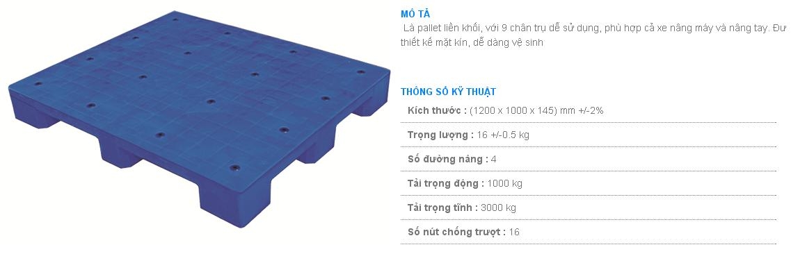 Pallet nhựa 1200x1000x145 màu xanh một mặt kín - Việt Nam