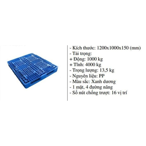 Pallet nhựa 1200x1000x150 màu xanh một mặt 4000kg - Nhật Bản