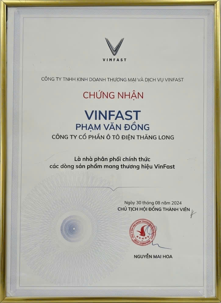 Giấy chứng nhận VinFast Phạm Văn Đồng - Công ty Cổ phần Ô tô Điện Thăng Long