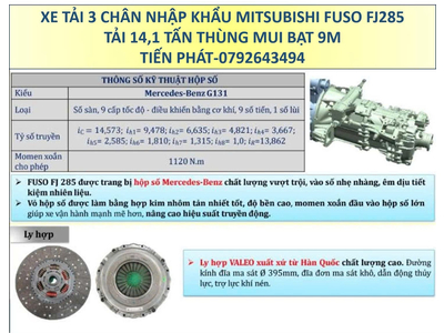 Xe tải 3 chân 15 tấn Mitsubishi Fuso FJ285 Thùng mui bạt 9 Mét Mới Nhất