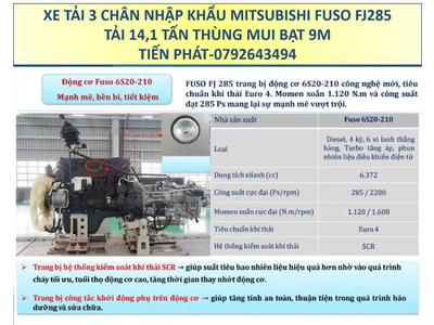 Xe tải 3 chân 15 tấn Mitsubishi Fuso FJ285 Thùng mui bạt 9 Mét Mới Nhất