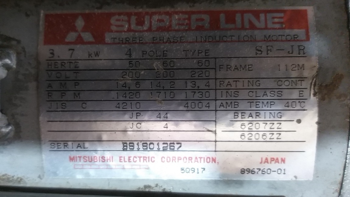 Nhãn motor Mitsubishi Super Line SF-JR 3,7kW 4 cực 200V 50/60Hz sản xuất tại Nhật