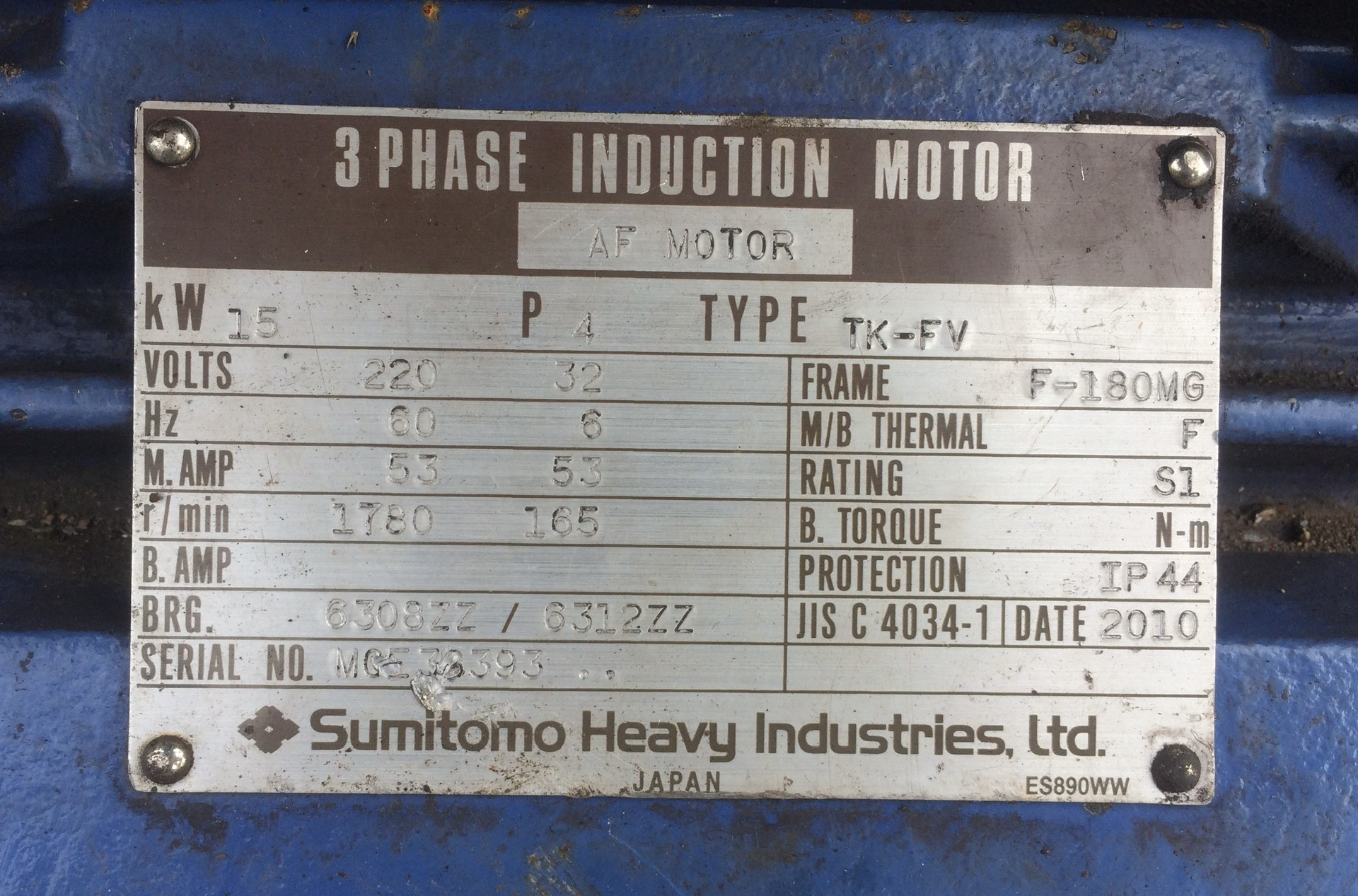 Nhãn motor Sumitomo 15kW 4 cực 220V 60Hz, dải chạy biến tần 6–60Hz, hàng Nhật bãi