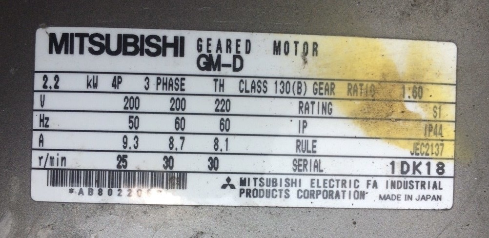 Nhãn motor giảm tốc Mitsubishi GM-D 2,2kW 4 cực, 200V 50/60Hz, tỷ số 1:60, trục ra 25/30 vòng/phút