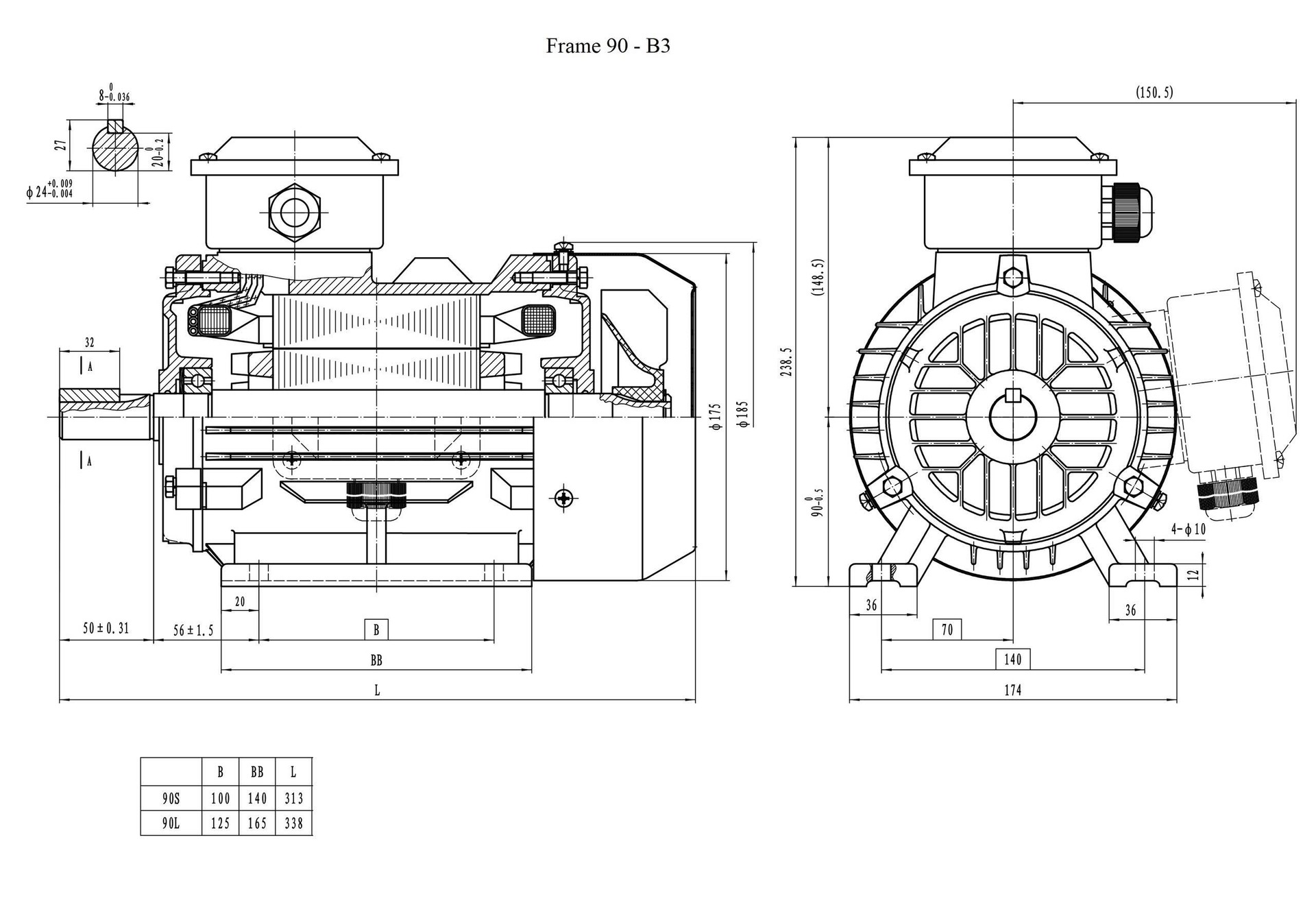 Bản vẽ kích thước motor 3 pha khung 90 chân đế B3: tâm trục 90 mm, lỗ chân 140 × 100 mm (90S) và 140 × 125 mm (90L), trục 24 × 50 mm, dài 313 mm và 338 mm