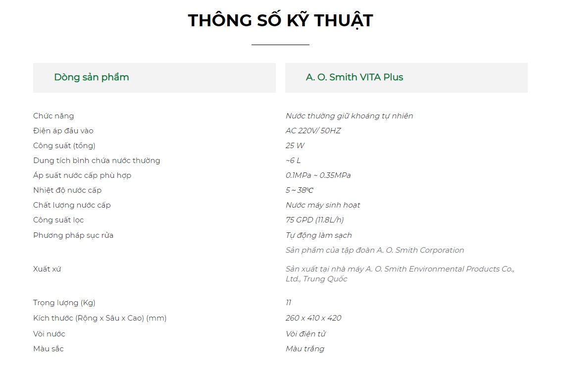 Máy Lọc Nước A. O. Smith VITA Plus