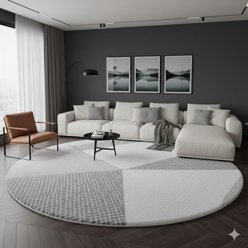 Thảm tròn lông cừu 1.6m x1.6m -CARO TRẮNG XÁM