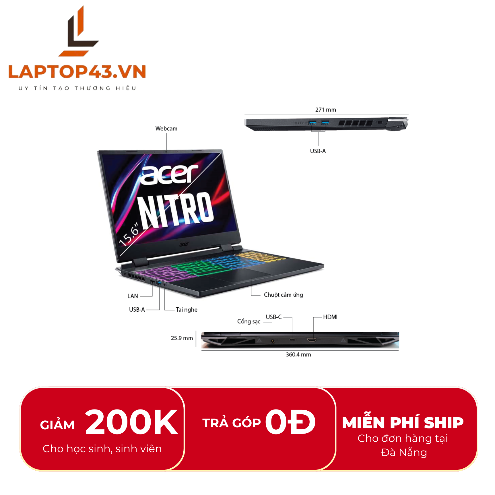 Laptop Acer Nitro 5 AN515-58-773Y core i7-12700H/ Ram 16gb/ SSD 512gb/ RTX 3050ti 4GB/ 15.6”FHD 144H