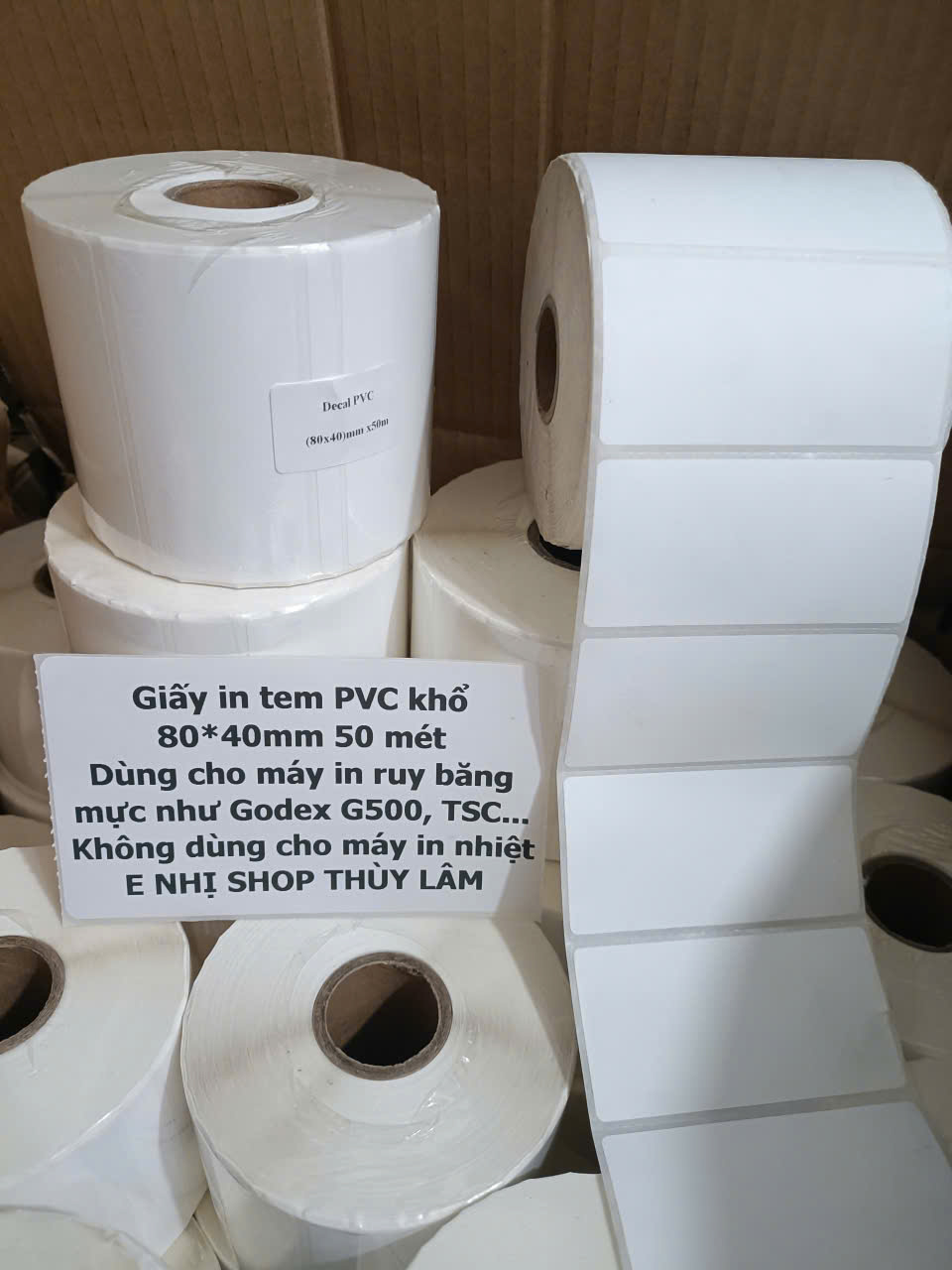 Giấy in tem mã vạch PVC 80*40mm khổ cuộn 50m