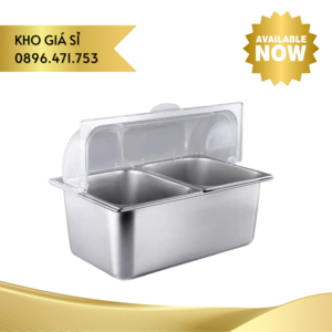 Bộ khay inox 2 ngăn đựng thức ăn cho bếp ăn tập thể có nắp đậy đóng mở 2 chiều