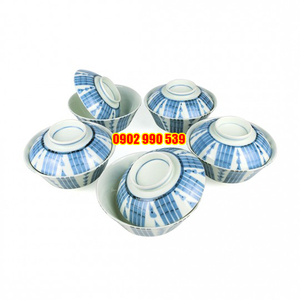 5 Tô Sứ Có Nắp Men Lam Có Triện