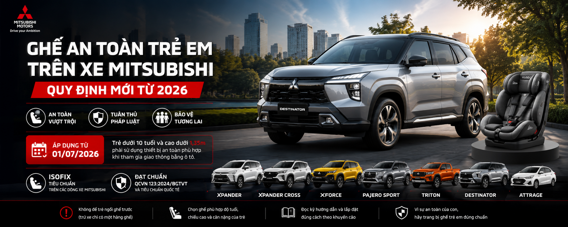 Ghế an toàn trẻ em trên xe Mitsubishi: Quy định mới từ 2026 và hướng dẫn sử dụng đúng cách