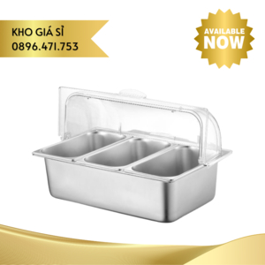 Khay inox 3 ngăn giữ lạnh thức ăn và rau củ có nắp mica trong suốt