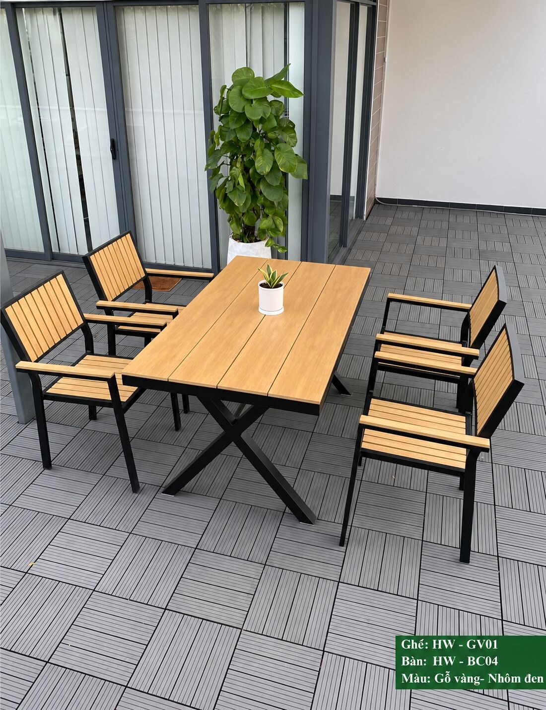 Bộ bàn ngoài trời chân chữ X và 4 ghế sân vườn HW-BBX màu vàng