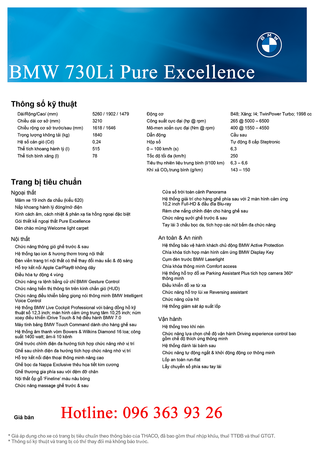 Thông số kỹ thuật xe BMW 730LI Pure Excellence