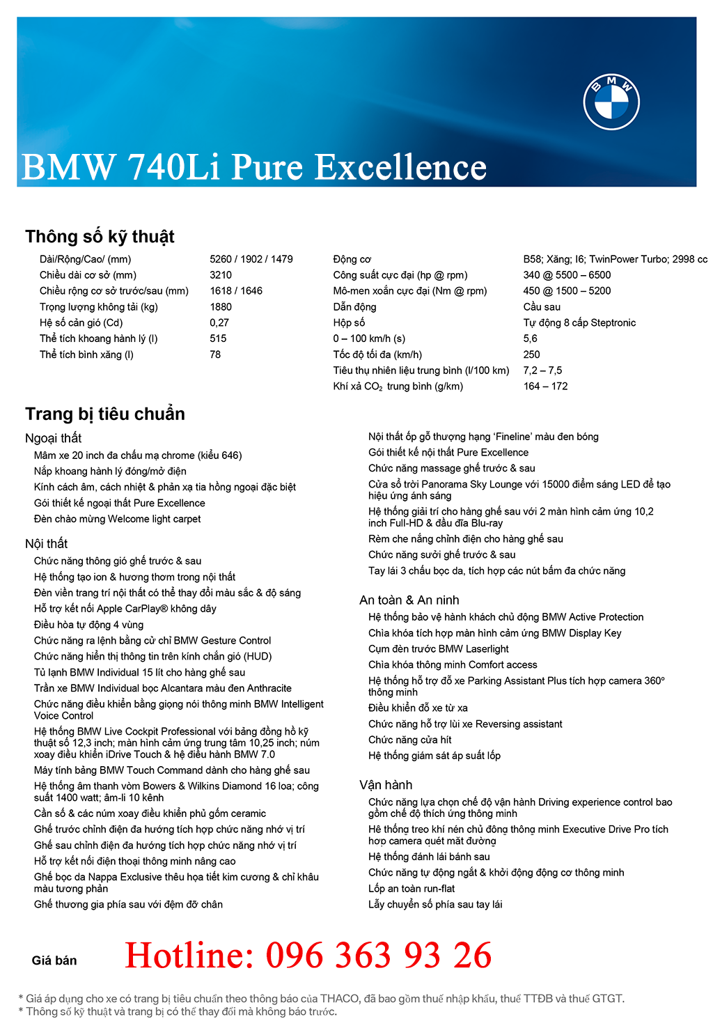 Thông số kỹ thuật xe BMW 740LI Pure Excellence