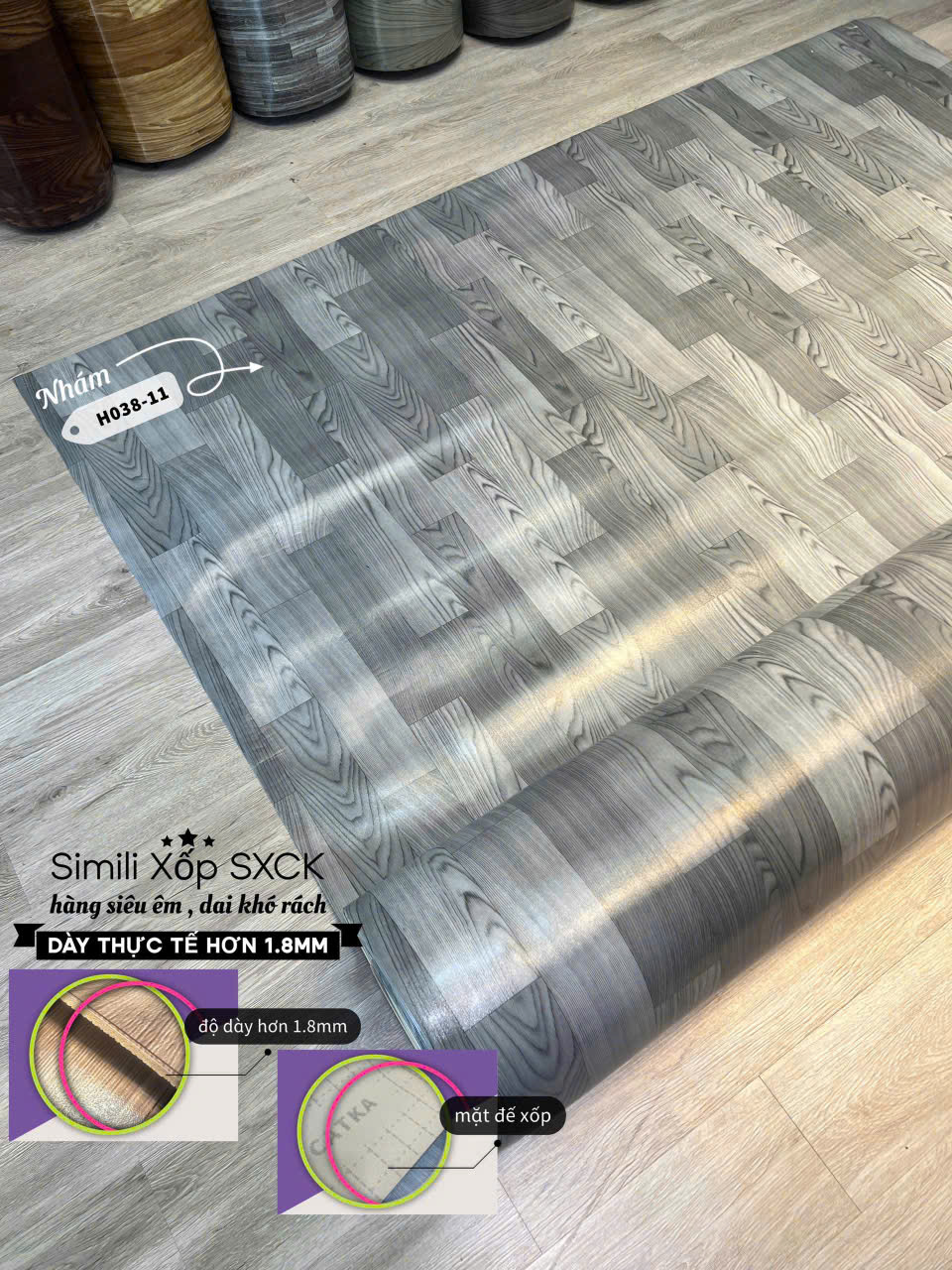 Tấm nhựa trải sàn simili xốp 1.8mm- HÀNG NHÁM