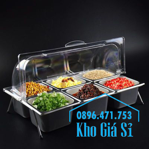 Khay inox 6 ngăn có nắp đậy bằng nhựa dạng mái vòm đựng, bảo quản đồ ăn