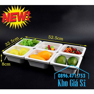 Bộ khay melamine 6 ngăn có nắp đậy trưng bày trái cây, thức ăn tiệc buffet