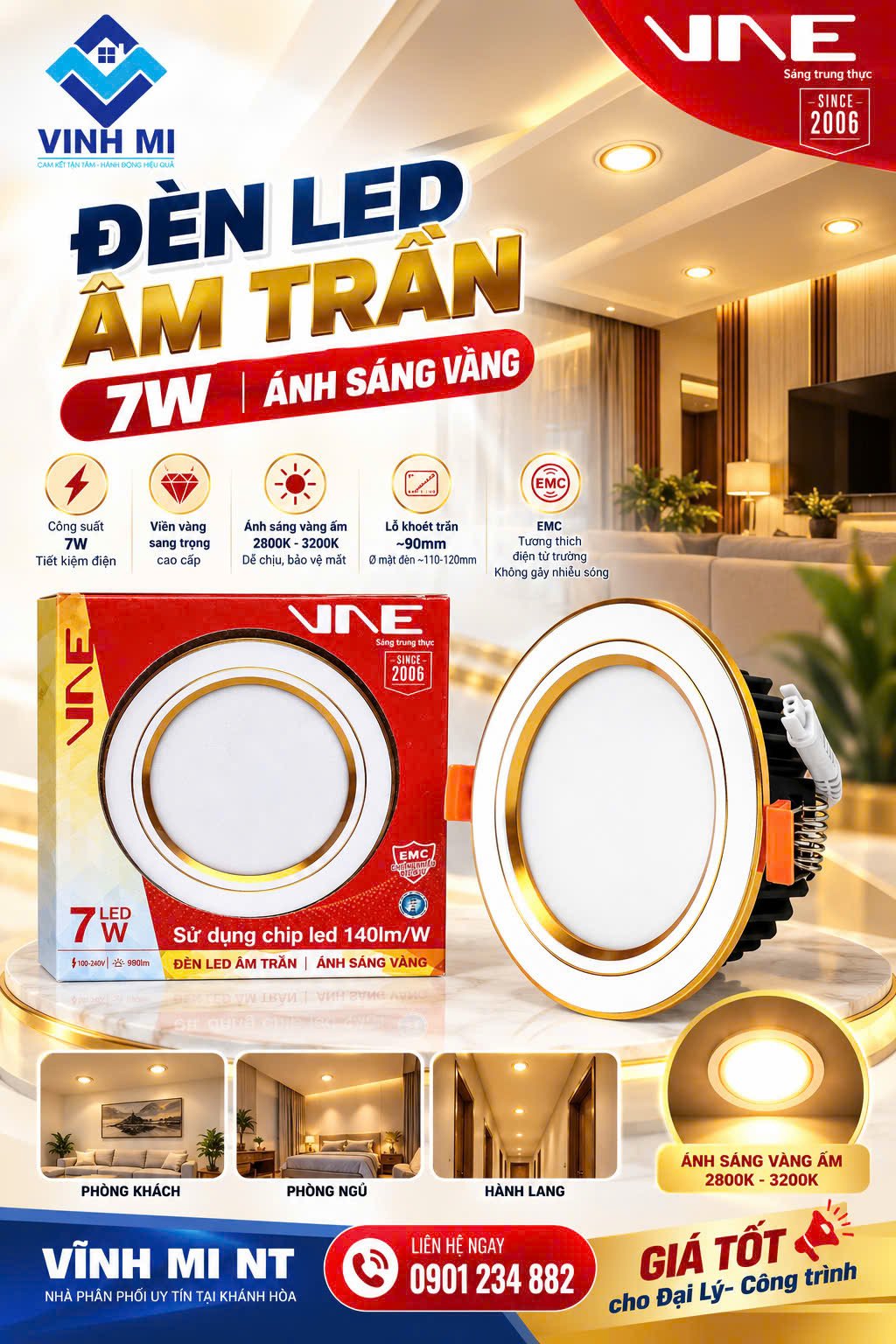 Âm trần 7W viền vàng ánh sáng vàng EMC
