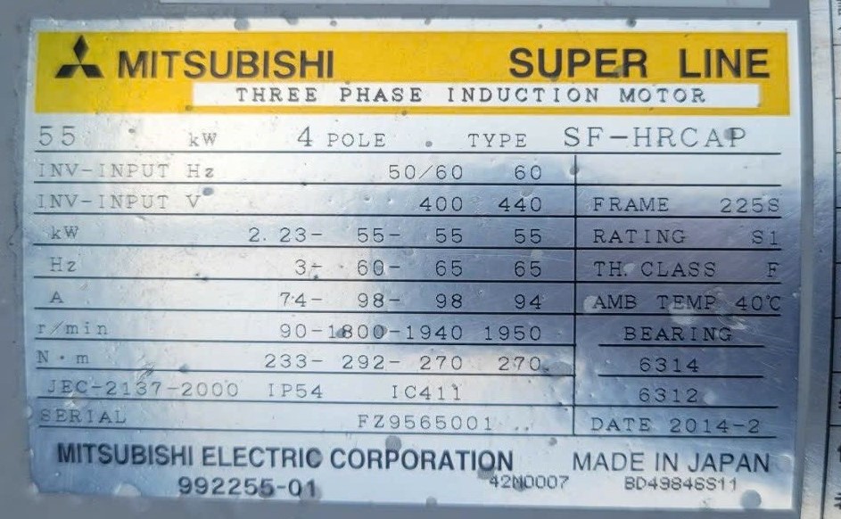 Tem motor Mitsubishi SF-HRCA 55kW chạy biến tần tem tài sản nhà máy Nhật