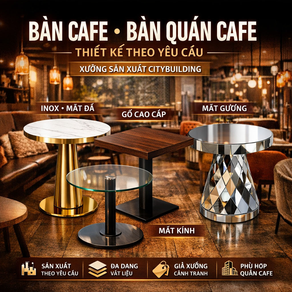 💎 Khám phá các mẫu bàn cafe – bàn quán cafe – bàn cafe theo yêu cầu sản xuất trực tiếp tại xưởng Citybuilding. Thiết kế theo concept quán, vật liệu bền đẹp, giá xưởng cạnh tranh, phù hợp quán cafe, nhà hàng, showroom và không gian thương mại.