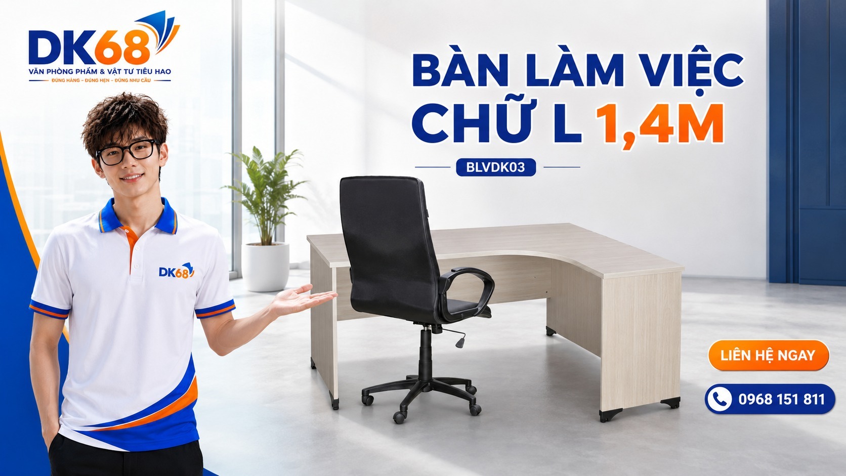 Bàn làm việc chữ L 1,4m BLVDK03 bằng gỗ MFC phủ Melamine, thiết kế hiện đại dành cho văn phòng.