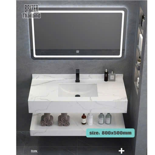 Bàn Đá 2 Tầng Trắng Nhám Lavabo Âm Tràn Viền Chống Trầy KT 80x50cm + Gương Led Cảm Ứng Brizer