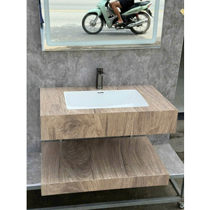 Bàn Đá 2 Tầng Vân Gỗ Bóng Lavabo Âm Tràn Viền KT 80x50cm + Gương Led Cảm Ứng Brizer