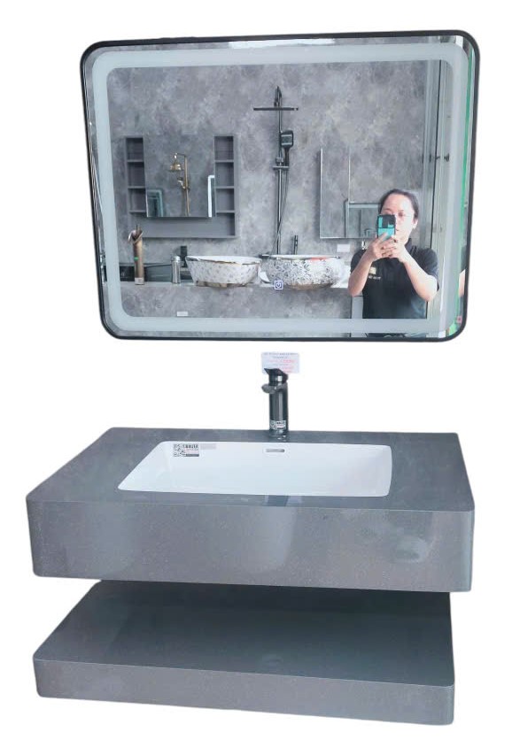 Bàn Đá 2 Tầng Xám Bóng Lavabo Âm Tràn Viền KT 80x50cm + Gương Led Cảm Ứng Brizer