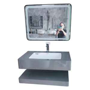Bàn Đá 2 Tầng Xám Bóng Lavabo Âm Tràn Viền KT 80x50cm + Gương Led Cảm Ứng Brizer