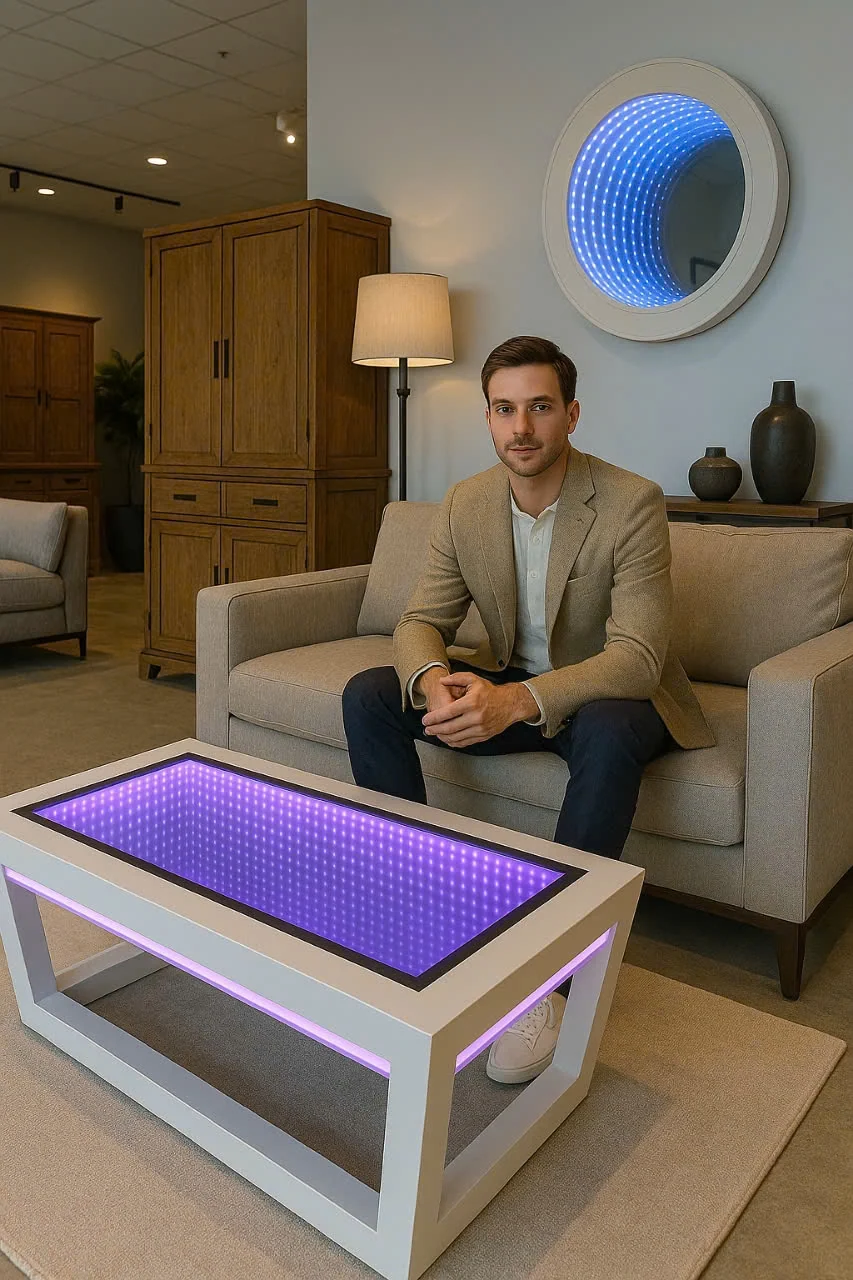 Minh họa bàn gương LED tím trước người ngồi trên sofa