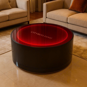 💫  BÀN INOX MẠ PVD MÀU ĐEN – MẶT KÍNH ĐỎ XUYÊN SÁNG LED CITYBUILDING