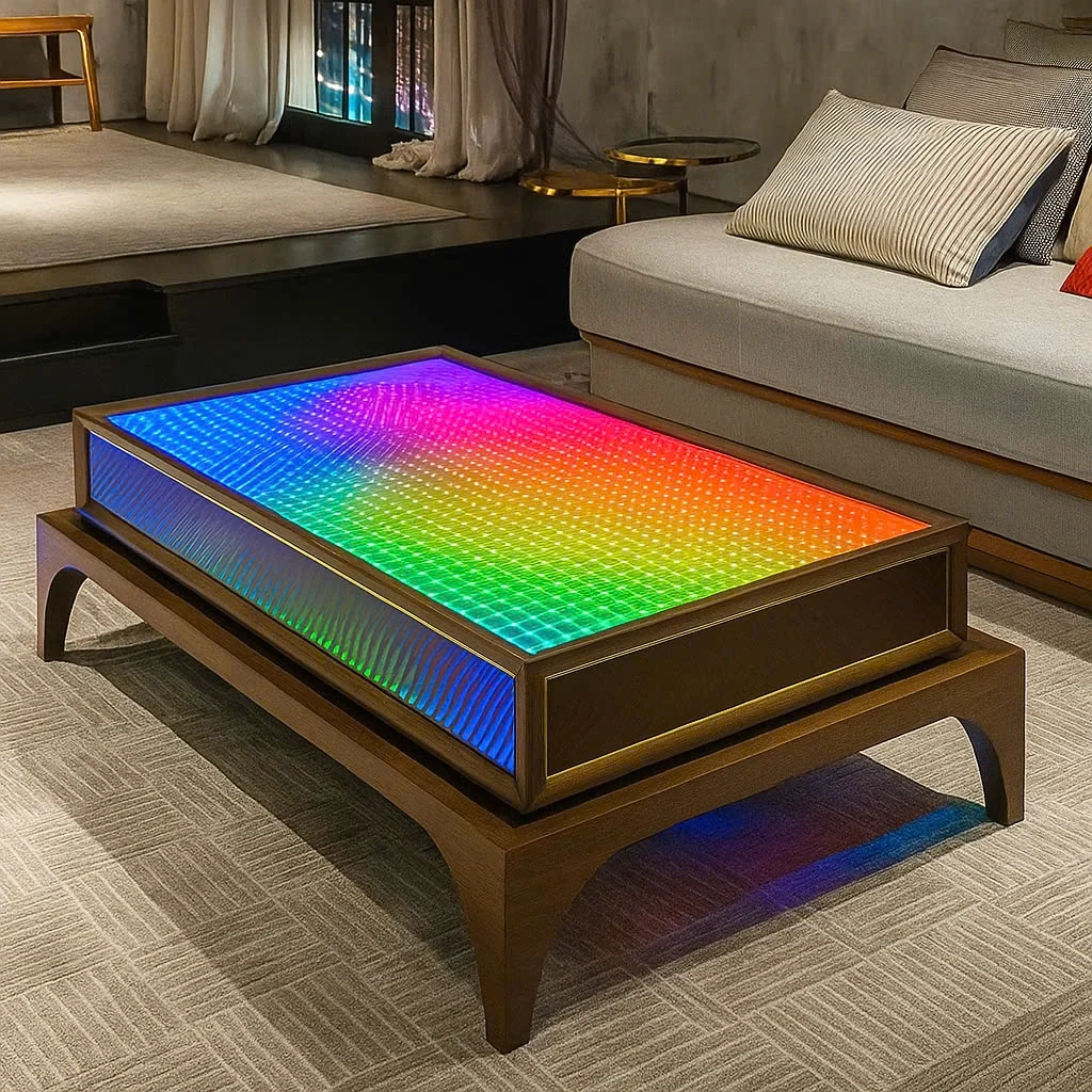 Minh họa bàn trà chữ nhật mặt LED nhiều màu trước sofa