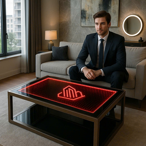 🟥 BÀN TRÀ SOFA GƯƠNG VÔ CỰC LED ĐỎ CÓ LOGO – CITYBUILDING THIẾT KẾ ĐỘC QUYỀN