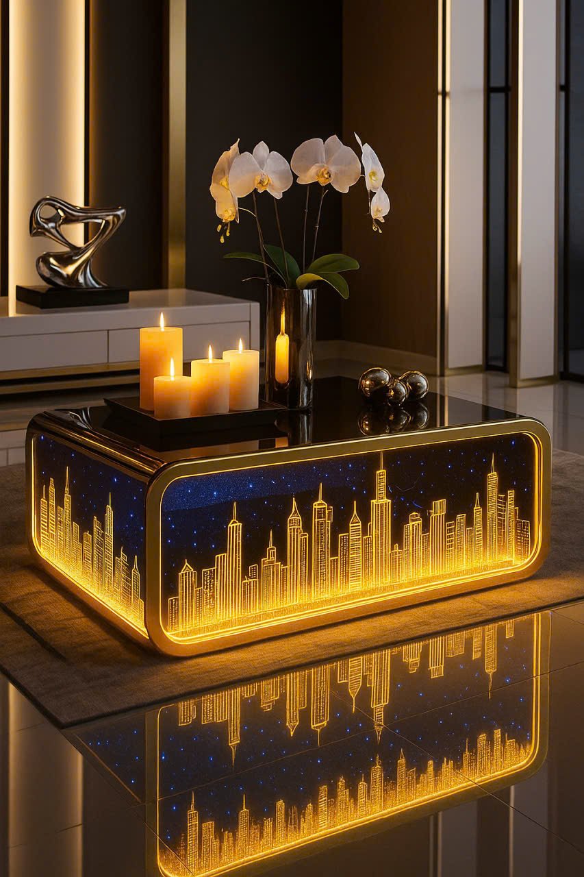 ✨ Bàn trà sofa LED Skyline Citybuilding – kính khắc thành phố, ánh sáng vàng sang trọng, phù hợp mọi phòng khách cao cấp. Sản xuất theo yêu cầu tại Hà Nội & HCM.