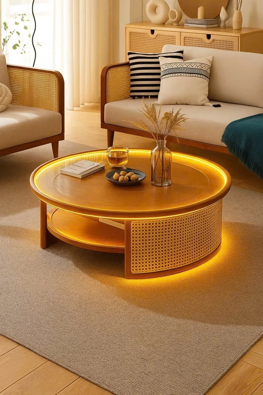 Minh họa bàn trà tròn tông gỗ với viền LED vàng