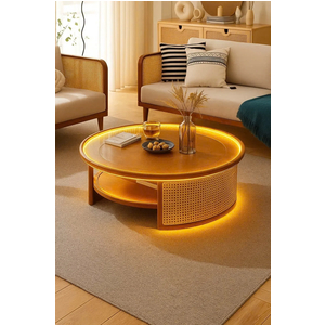 Bàn trà tròn tông gỗ viền LED vàng