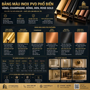 BẢNG MÀU INOX PVD PHỔ BIẾN: VÀNG, CHAMPAGNE, ĐỒNG, ĐEN, ROSE GOLD