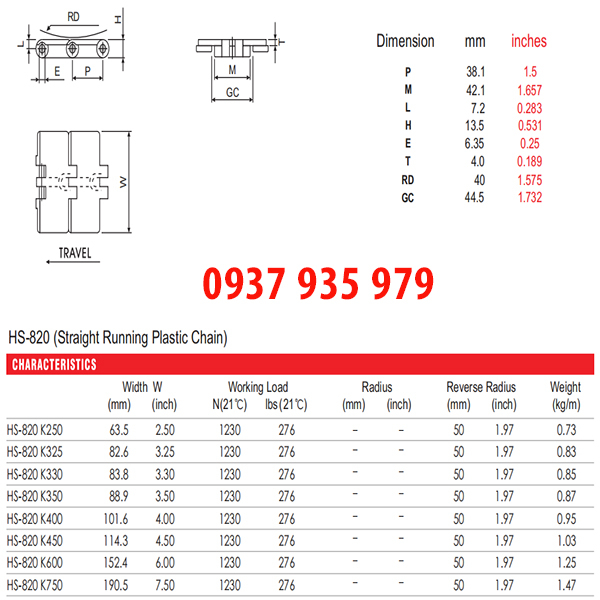 thông số kỹ thuật Băng tải xích nhựa dòng 820