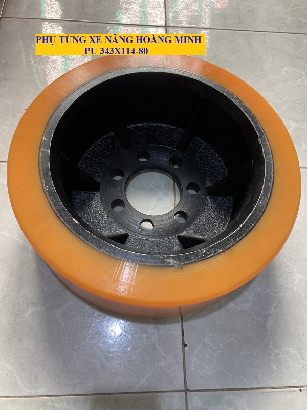 Bánh xe PU 343x114-80, bánh chạy xe nâng điện Heli CQD20, Mima MF20 chính hãng, mới 100%
