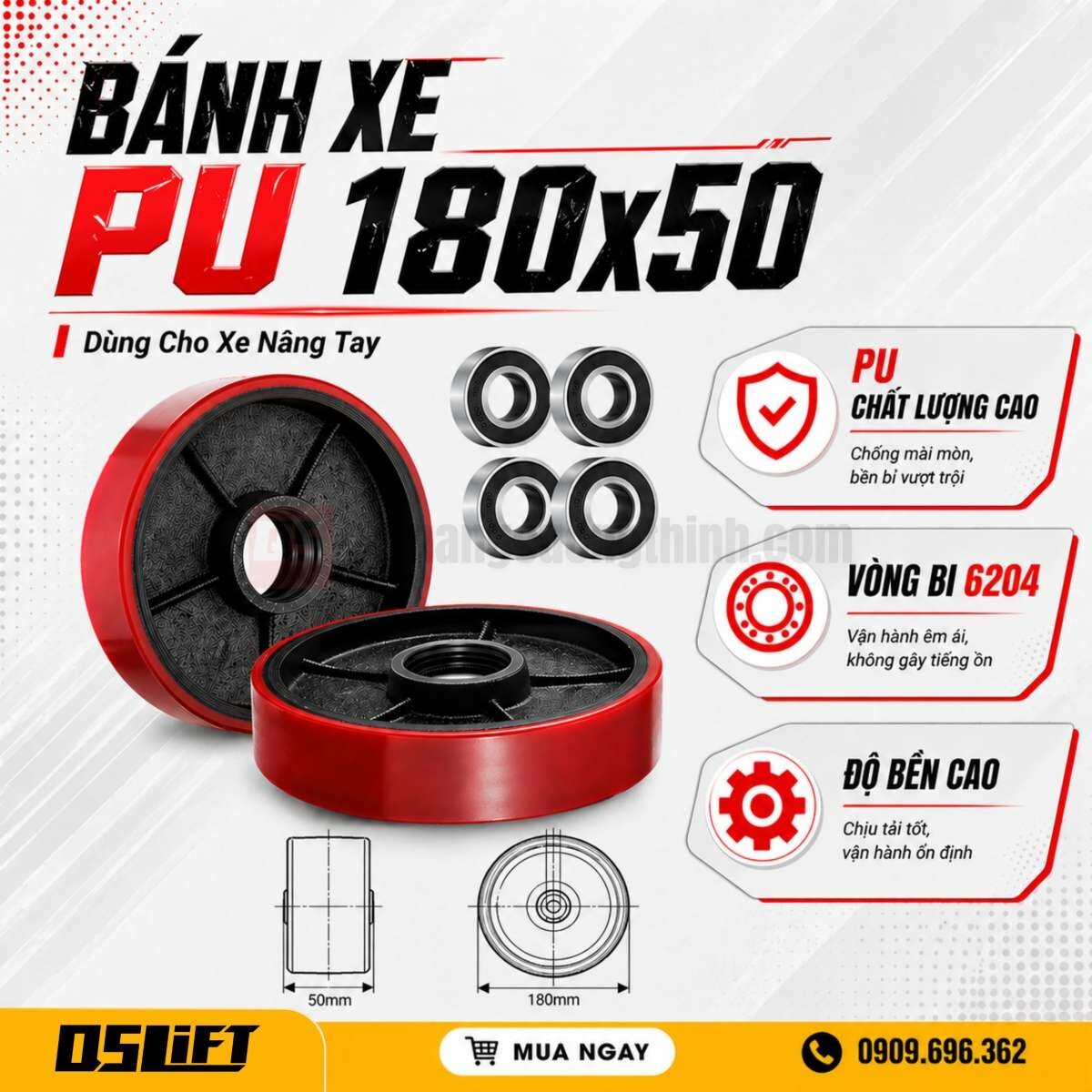 Bánh PU 180x50 | Bánh Lái Xe Nâng Tay