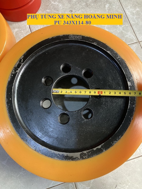 Bánh xe PU 343x114-80, bánh chạy xe nâng điện Heli CQD20, Mima MF20 chính hãng, mới 100%