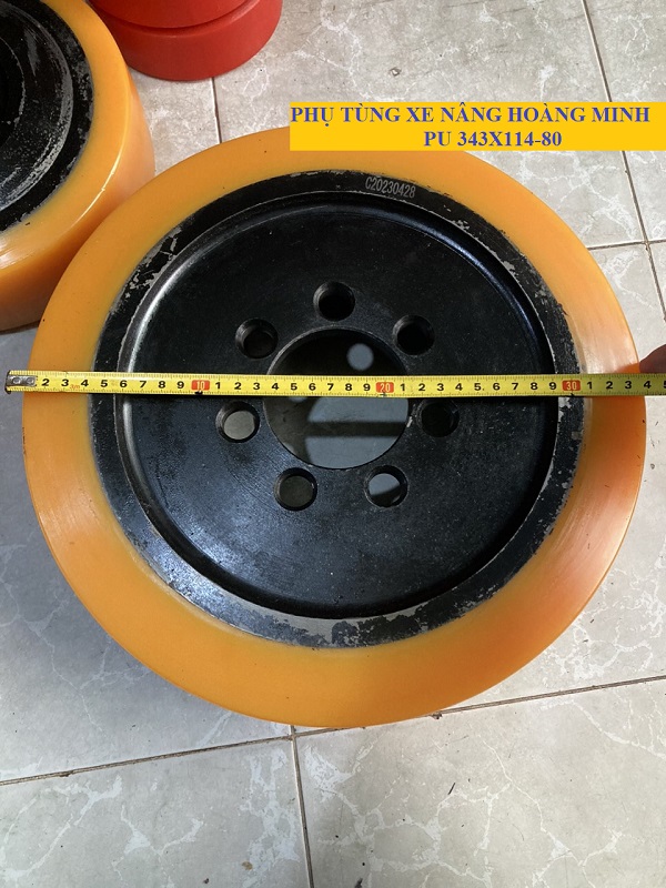 Bánh xe PU 343x114-80, bánh chạy xe nâng điện Heli CQD20, Mima MF20 chính hãng, mới 100%