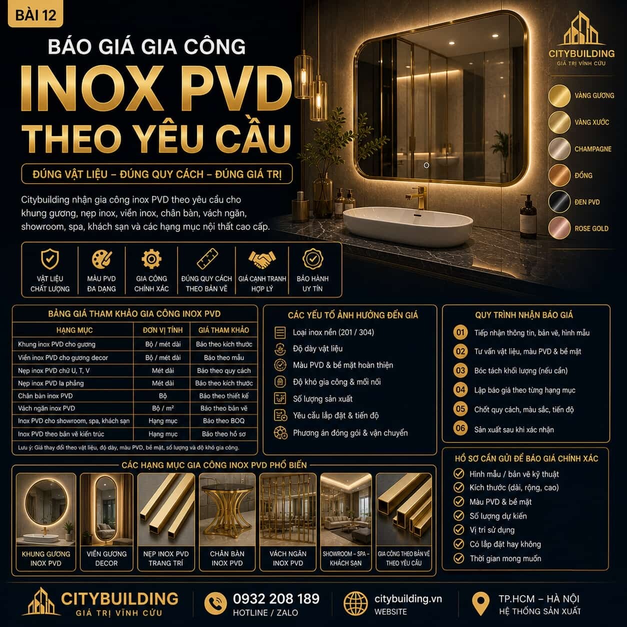 BÁO GIÁ GIA CÔNG INOX PVD THEO YÊU CẦU TẠI CITYBUILDING