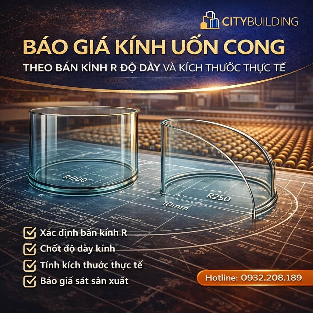 BÁO GIÁ KÍNH UỐN CONG THEO BÁN KÍNH R ĐỘ DÀY VÀ KÍCH THƯỚC THỰC TẾ CITYBUILDING