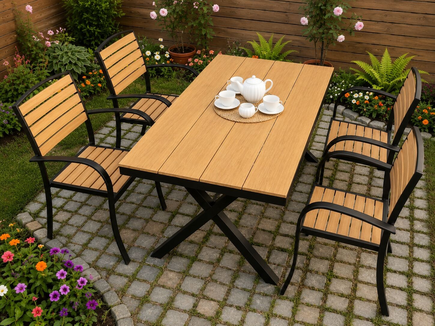 Bộ bàn ngoài trời chân chữ X và 4 ghế sân vườn HW-BBX màu vàng